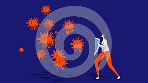 3d illustration COVID-19 coronaviru. Metaphor, a woman with a shield and a mask is protected from particles of the virus