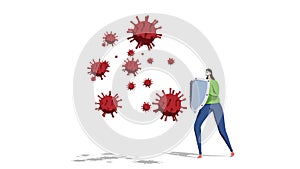 3d illustration COVID-19 coronaviru. Metaphor, a woman with a shield and a mask is protected from particles of the virus