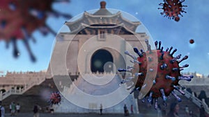 3D illustration. Covid 19 on memorial hall Taipei city. Taiwan coronavirus