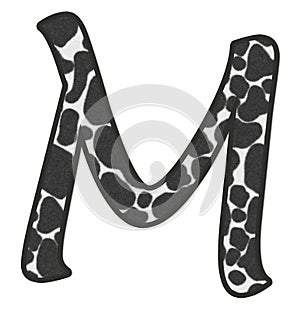 3D illustration Cow Black and white print letter M, animal skin fur decorative character M, Bull or Ox pattern isolate in white