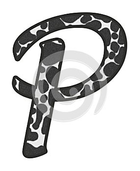 3D illustration Cow Black and white print letter P, animal skin fur decorative character P, Bull or Ox pattern isolate in white
