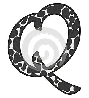3D illustration Cow Black and white print letter Q, animal skin fur decorative character Q, Bull or Ox pattern isolate in white