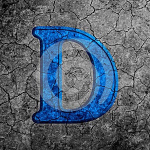 3d illustration cracked blue stone wall letter D on black grunge cement surface