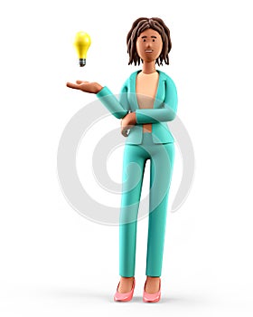 3D illustration of creative african american woman with bulb over hand. Cartoon smiling businesswoman generating new good ideas.