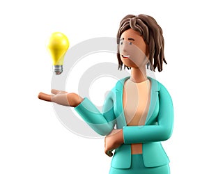 3D illustration of creative african american woman looking at the bulb over hand.