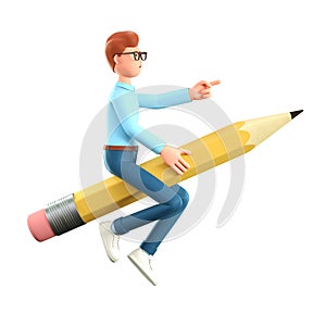 3D illustration of creative man flying in air on a big pencil and pointing at direction. Cartoon businessman, isolated on white