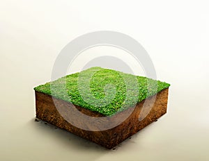 3D Illustration, cubical soil ground cross section with earth land and green grass, Soil layers. realistic 3D rendering ground