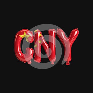 3d illustration of currency cny-letter balloons with flags color China isolated on black