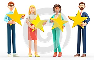3D illustration of customer review rating concept. Multicultural people characters giving feedback with stars.