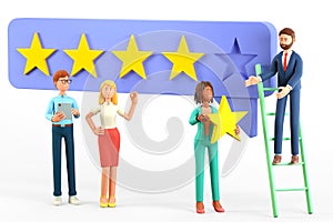 3D illustration of customer service concept with multicultural people characters giving five star feedback.