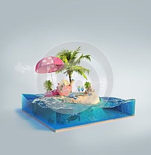 3d illustration with cut of the sea and beautiful island.