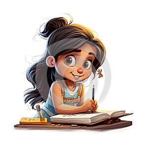 3d illustration of a cute 4 year old latin girl writing, cartoon style, AI Generated