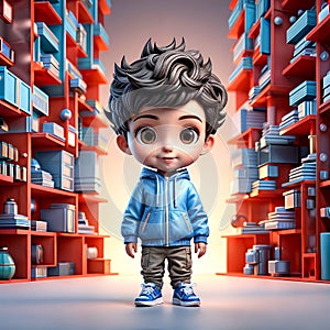 3D illustration of a cute child boy in a blue hoodie in khaki shades and blue bellies
