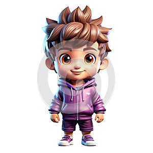 3D illustration of a cute child boy schoolboy in a purple tracksuit and purple bellies