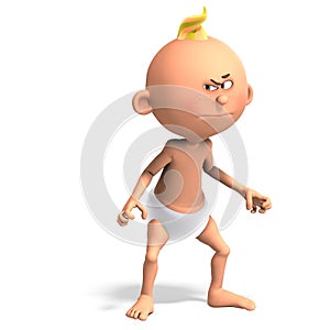 3D-illustration of a cute and funny cartoon baby with a diaper is so angry