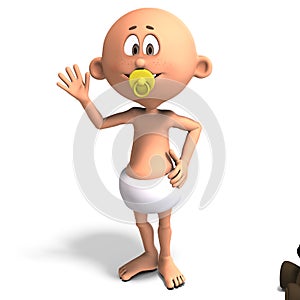 3D-illustration of a cute and funny cartoon baby with a diaper and a pacifier