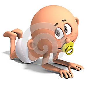 3D-illustration of a cute and funny cartoon baby with a diaper and a pacifier