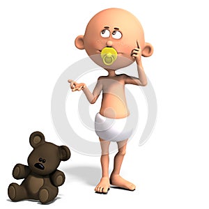 3D-illustration of a cute and funny cartoon baby with a diaper and a pacifier and a teddy bear