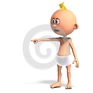 3D-illustration of a cute and funny cartoon baby with a diaper pointing in a direction