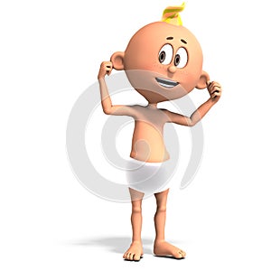 3D-illustration of a cute and funny cartoon baby with a diaper is such a strong character