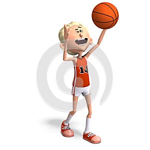3D-illustration of a cute and funny cartoon basketball player dribbling and throwing a ball