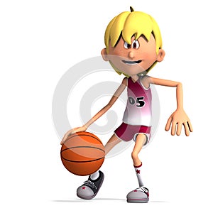 3D-illustration of a cute and funny cartoon basketball player dribbling and throwing a ball