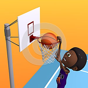 3D-illustration of a cute and funny cartoon basketball player dribbling and throwing a ball