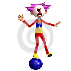 3D-illustration of a cute and funny cartoon clown balancing on a ball