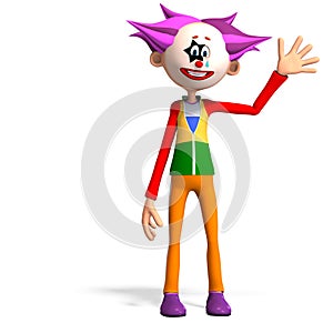 3D-illustration of a cute and funny cartoon clown waving with his hands