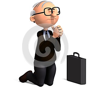 3D-illustration of a cute and funny cartoon old guy ist praying kneeing on the floor