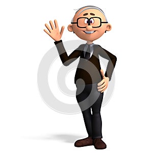 3D-illustration of a cute and funny cartoon old guy waving with his hands saying hello