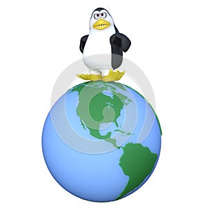 3D-illustration of a cute and funny cartoon penguine on ecosystem earth