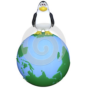 3D-illustration of a cute and funny cartoon penguine on ecosystem earth