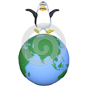 3D-illustration of a cute and funny cartoon penguine on ecosystem earth