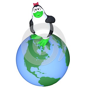 3D-illustration of a cute and funny cartoon penguine on ecosystem earth