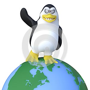 3D-illustration of a cute and funny cartoon penguine on ecosystem earth