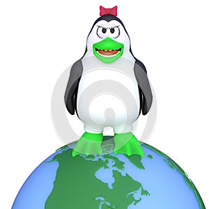 3D-illustration of a cute and funny cartoon penguine on ecosystem earth