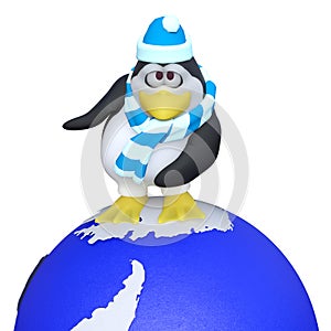 3D-illustration of a cute and funny cartoon penguine on ecosystem earth