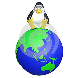 3D-illustration of a cute and funny cartoon penguine on ecosystem earth