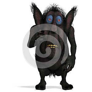 3D-illustration of a cute and funny cartoon troll geezing over white