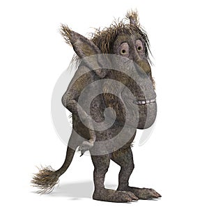 3D-illustration of a cute and funny cartoon troll waiting and watching over white