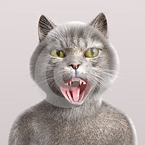 3D-illustration of a cute and funny hissing cartoon cat