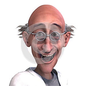 3D-illustration of a cute and funny mad scientist portrait is crazy