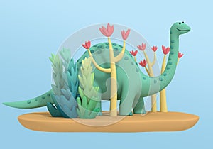 3d illustration. A cute funny plasticine dinosaur walks among the primeval vegetation