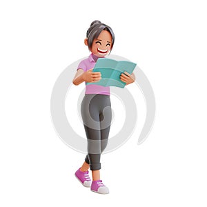 3d illustration cute girl reading book