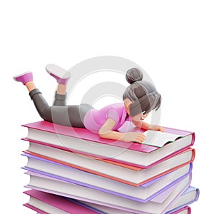 3d illustration cute girl reading book