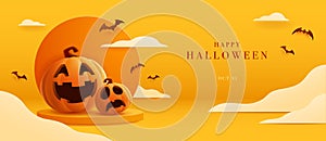 3D illustration of cute Jack O Lantern on a podium on Halloween theme  paper art style of cloud scene background