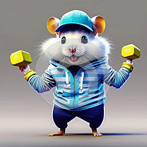 3D illustration of a cute little white rat in a blue sportswear with dumbbells