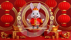 3d illustration of cute rabbits for Happy chinese new year 2023 year of the rabbit zodiac sign with flower,lantern,asian elements