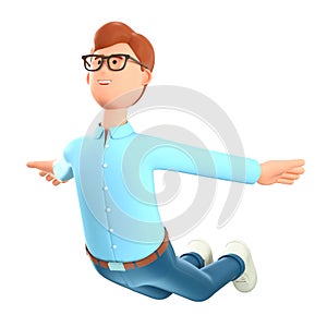 3D illustration of cute smiling man flying in air like a plane. Cartoon falling happy businessman, cheerful freelancer